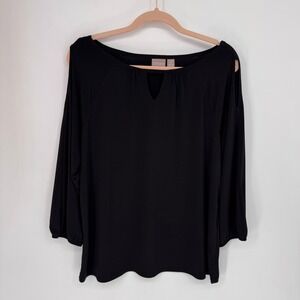 Chico's Cold Shoulder Blouse Womens 2 Black Excellent Keyhole 3/4 Sleeve Top